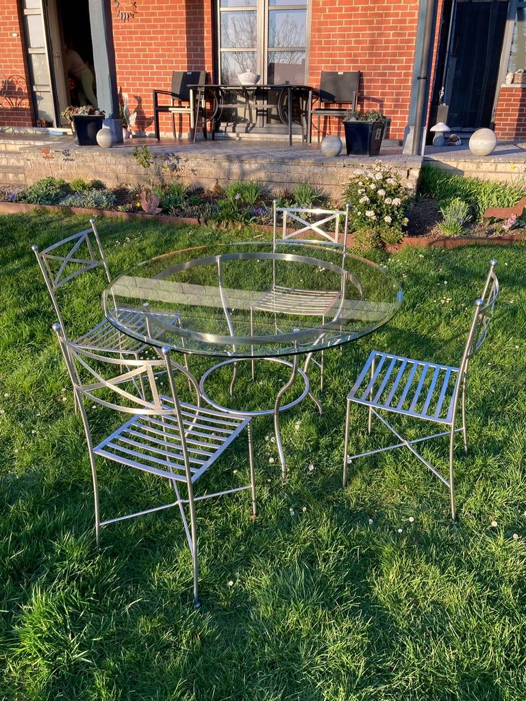 Table de salle a manger ou jardin verre et inox, Tuin en Terras, Tuinsets en Loungesets, Ophalen, Gebruikt, Loungeset, 4 zitplaatsen