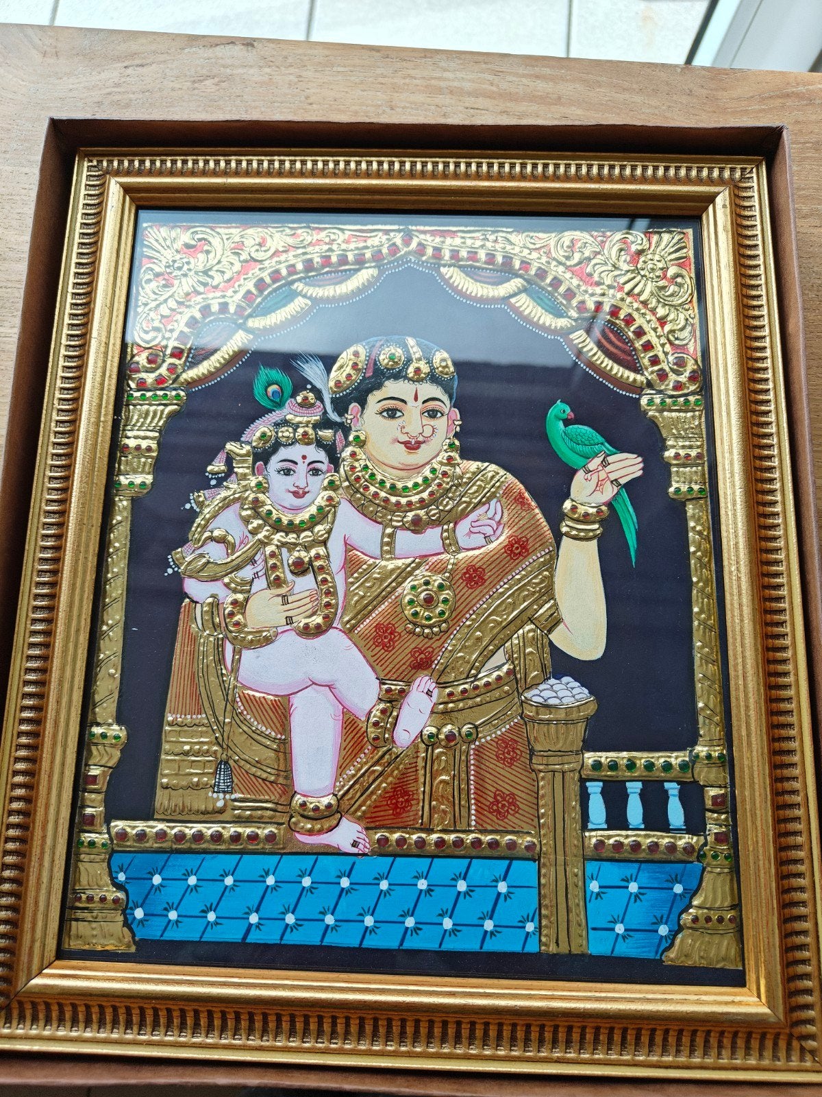 Authentiek Tanjore Schilderij - Yashoda Krishna met Bladgoud, Ophalen