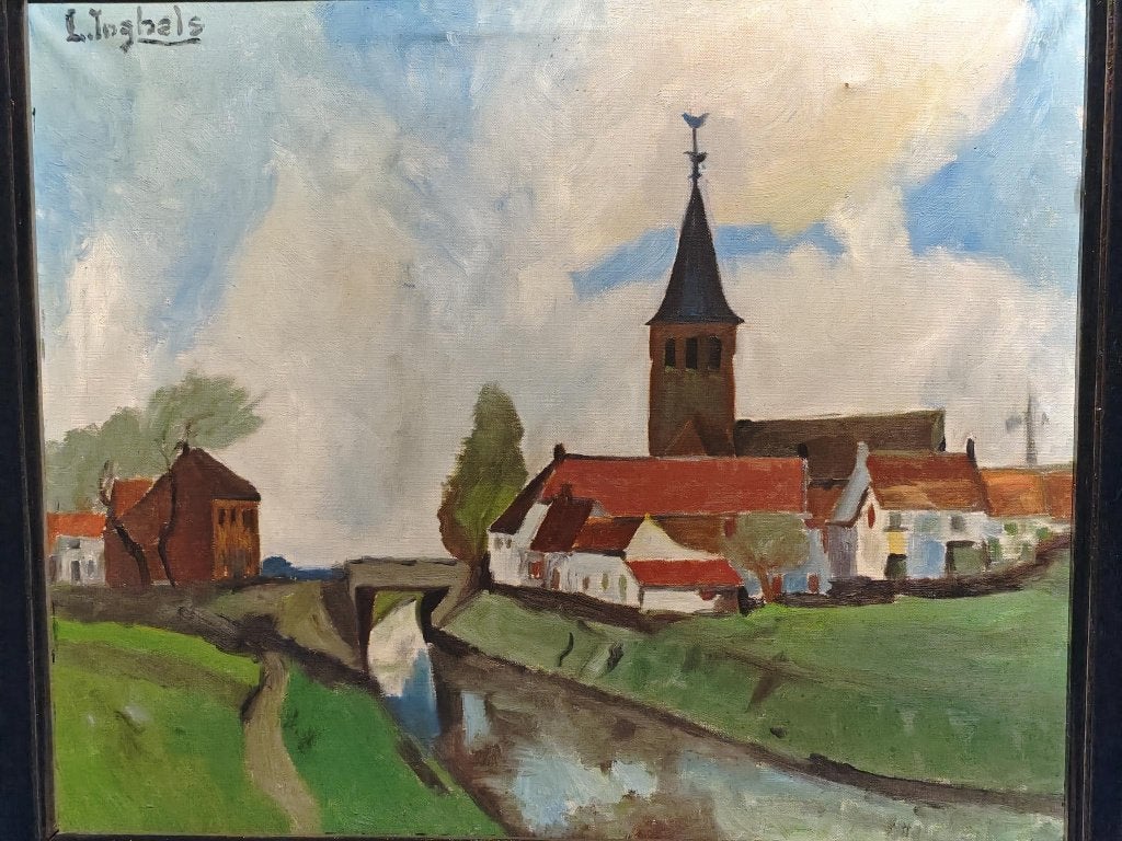 Olieverf op doek – Vlaams dorpslandschap met kerk, Doek, Ophalen of Verzenden, Olieverf, Gesigneerd