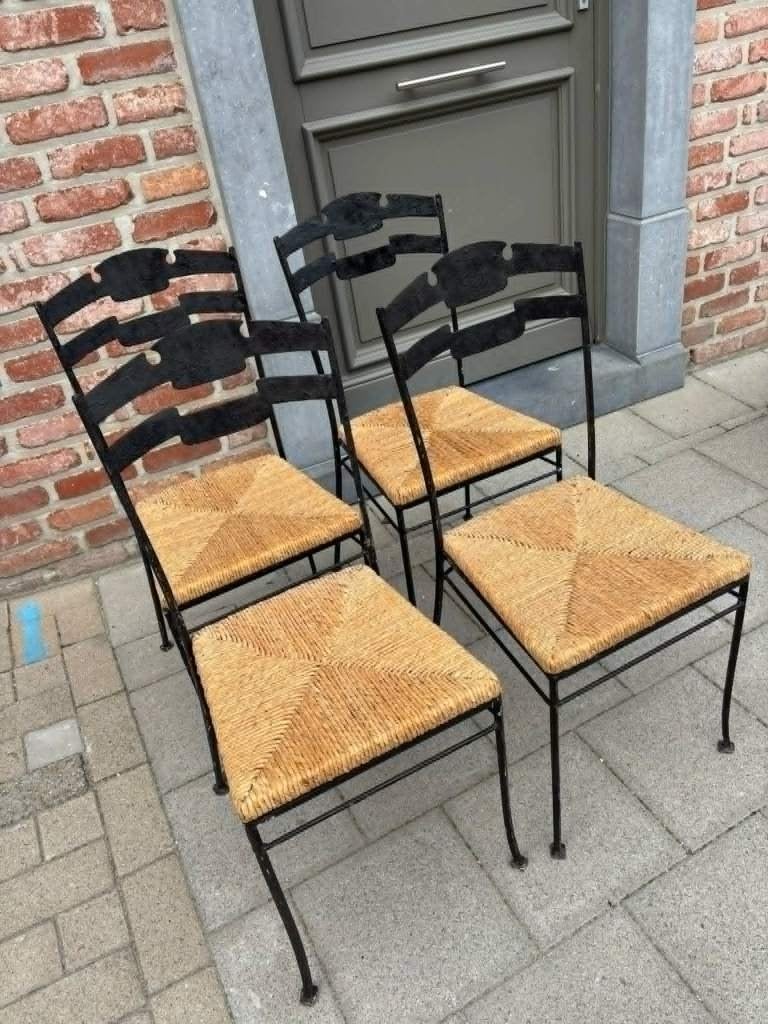 Set van 6 vintage metalen stoelen met gevlochten zitting., Antiek en Kunst, Ophalen