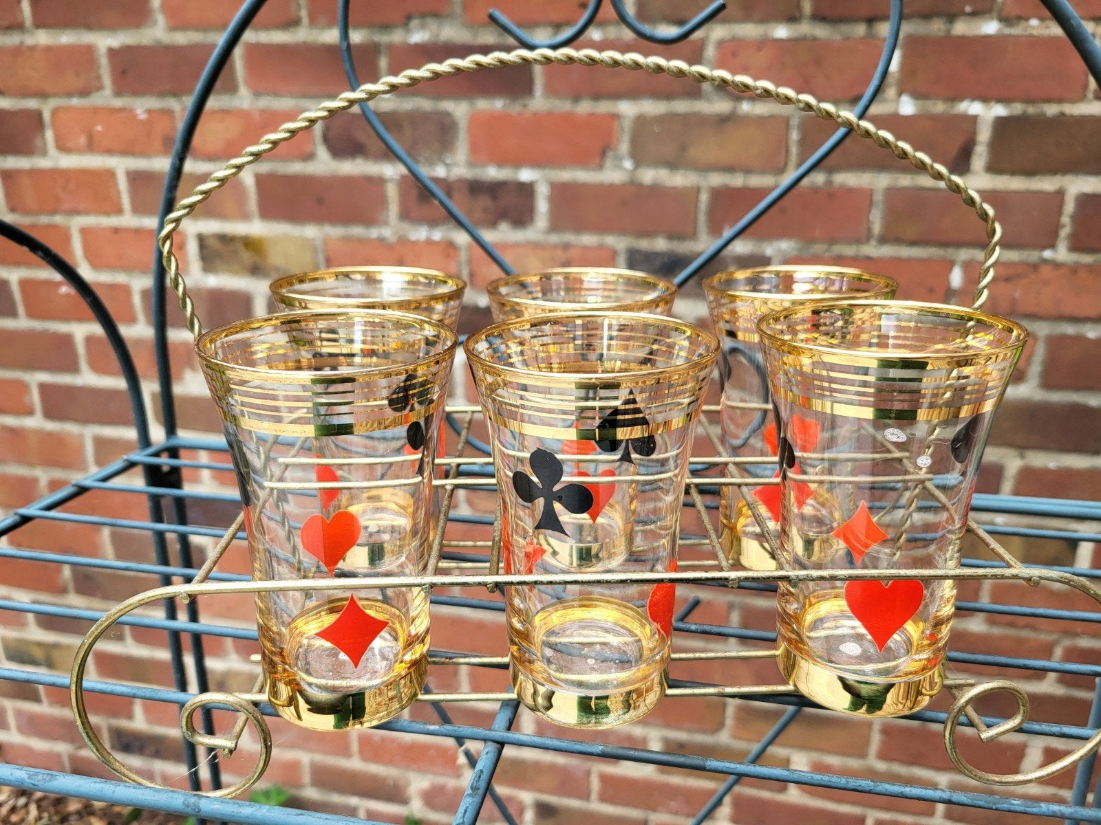 Vintage Mid-Century Glazen Set met Speelkaarten & Drager, Ophalen of Verzenden