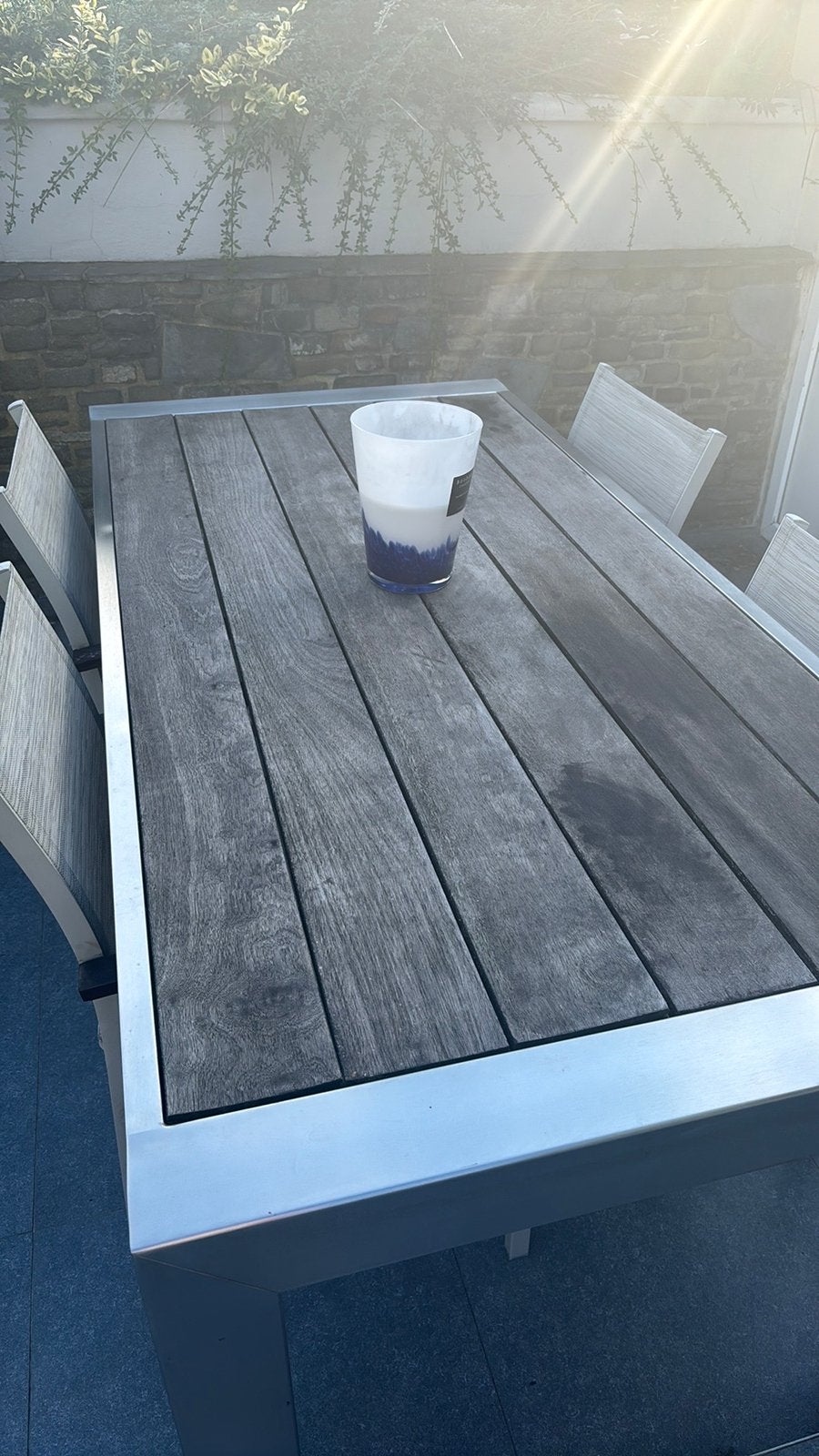 Table bois inox plus 4 chaises, Jardin & Terrasse, Enlèvement, Comme neuf, Bois