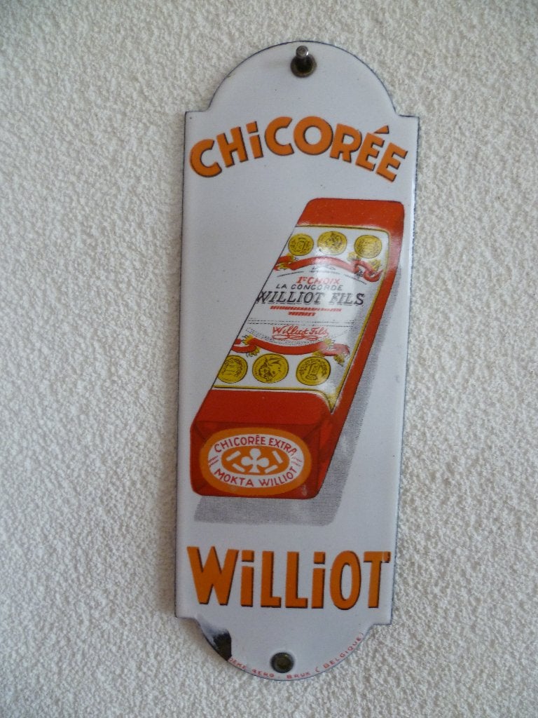 PANNEAU DE PORTE EN ÉMAIL «CHICOREE WILLIOT» DES ANNÉES 1930, Collections, Enlèvement ou Envoi, Utilisé, Panneau publicitaire