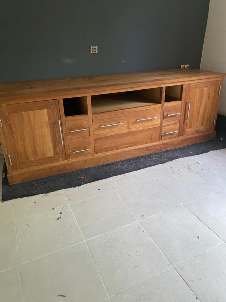 Teakhouten tv meubel, Ophalen, Gebruikt, Strak/ modern/ warm, Met deur(en)