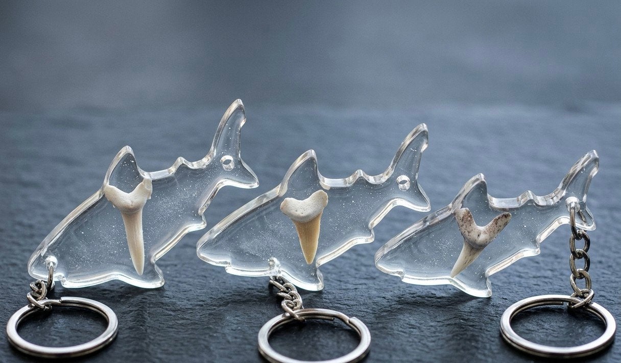 sleutelhangers met echte fossiele haaientanden., Verzamelen, Ophalen of Verzenden, Nieuw, Dier of Natuur