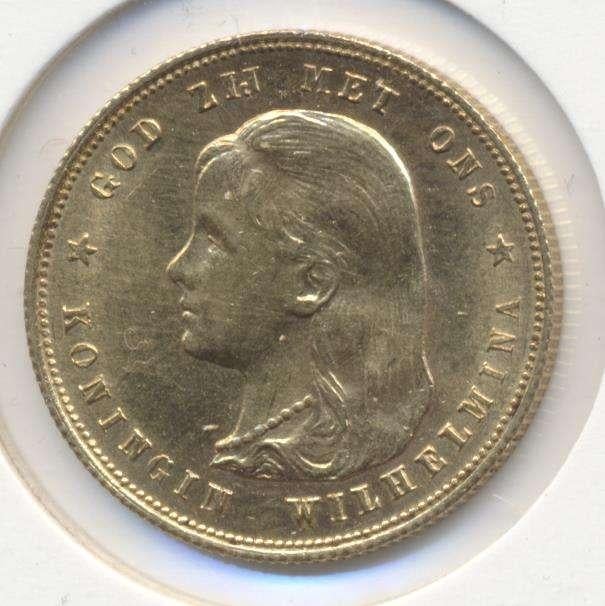 Nederland 10 Gulden 1897 Wilhelmina loshangend haar, Ophalen of Verzenden, Goud