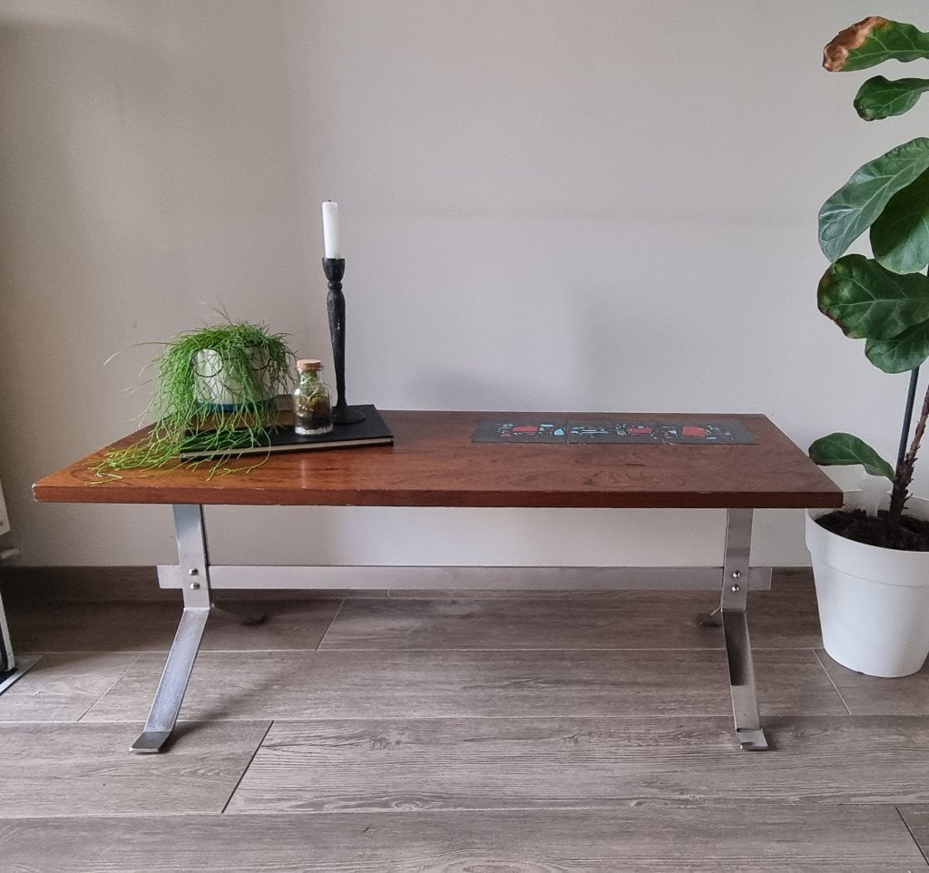 Vintage salontafel | jaren ’60/’70 | hout, chroom & keramiek, Ophalen
