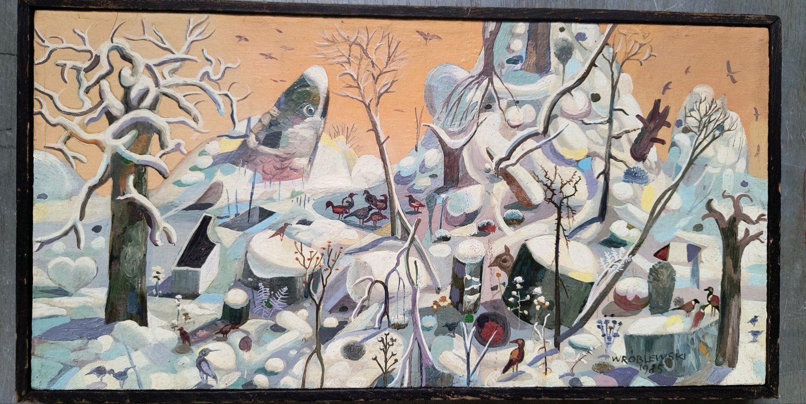 Origineel Olieverfschilderij Jerzy Wróblewski (1985)  Ptaki, Ophalen of Verzenden