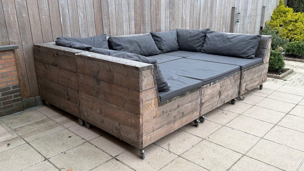 Modulaire houten loungeset met kussens en beschermhoes, Jardin & Terrasse, Utilisé, Sets de jardin, 6 places, Enlèvement
