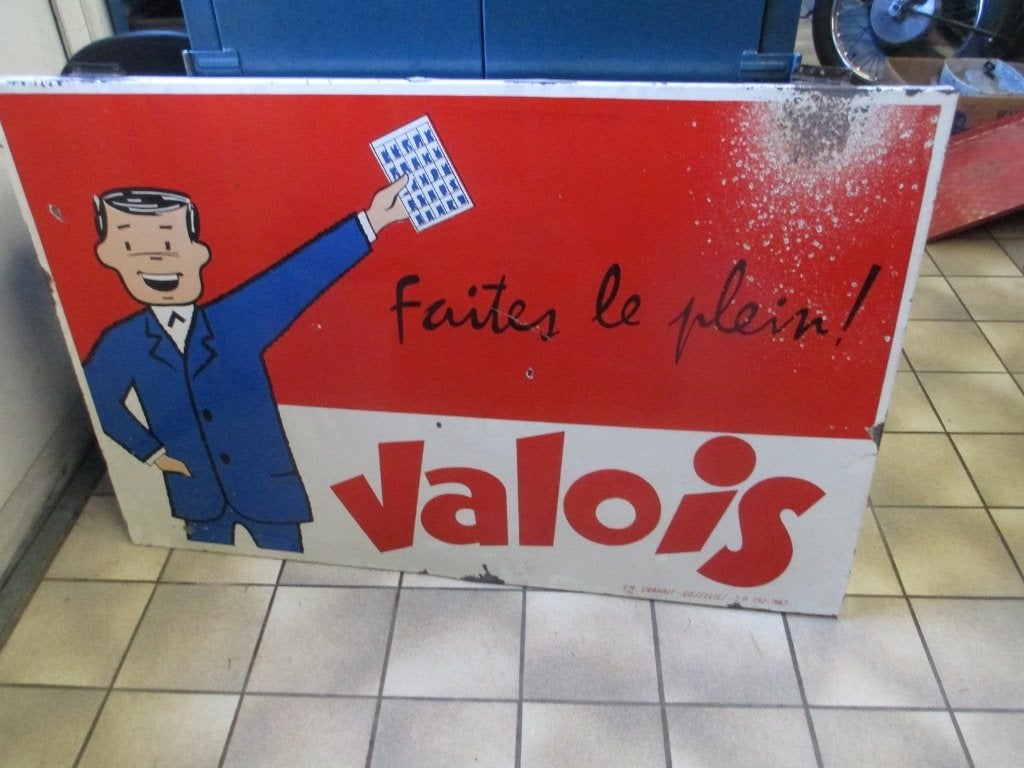 Brocante emaillen bord met tekst: faites le plein! Valois, Ophalen, Gebruikt, Reclamebord