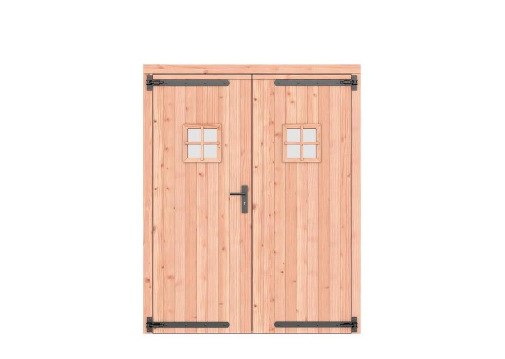 Dubbele deur douglas hout met ruit en zwart deurbeslag, Tuin en Terras, Ophalen, Hout, Schuur