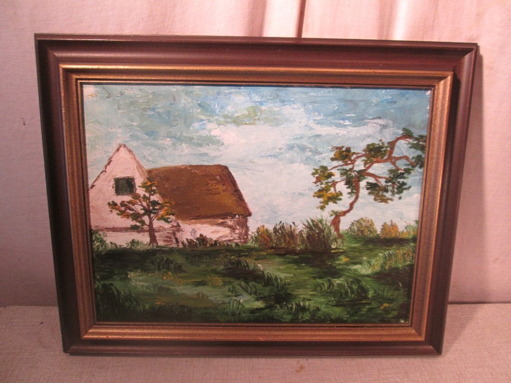 Œuvre magnifiquement peinte « Ferme et jardin », signée, Antiquités & Art, Enlèvement ou Envoi, Paysage, Toile, Signé