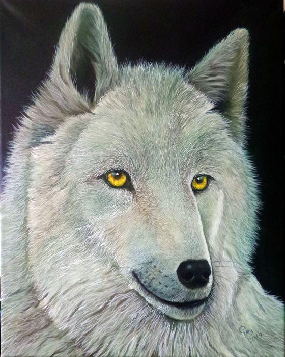 Schilderij Gary Wakeham - Yellow Eyes (White Wolf), Ophalen of Verzenden, Zo goed als nieuw