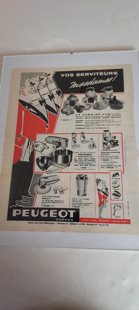 oude reklame Peugeot huishoudmateriaal, met glaskader, Verzenden, Zo goed als nieuw, Reclamebord