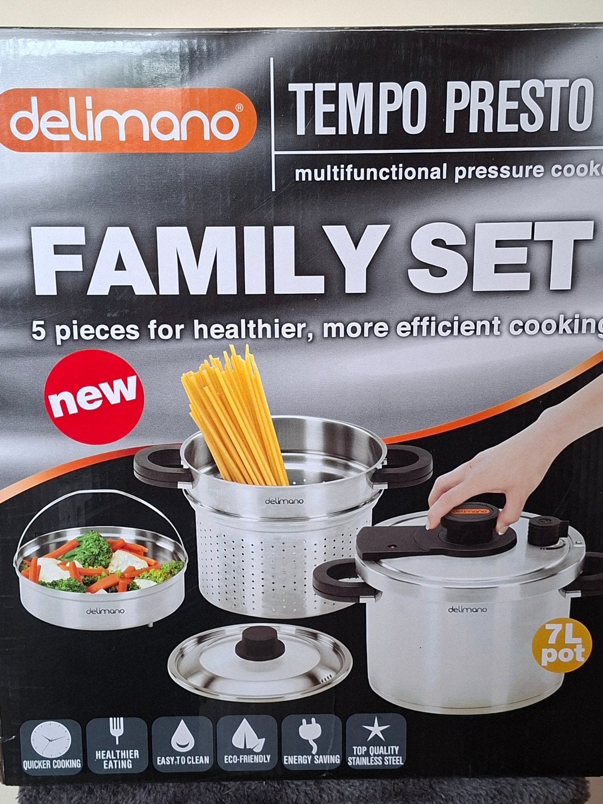 Delimano Tempo Presto Family Set snelkookpan, Huis en Inrichting, Afgietsysteem, Ophalen of Verzenden, Zo goed als nieuw, Inox