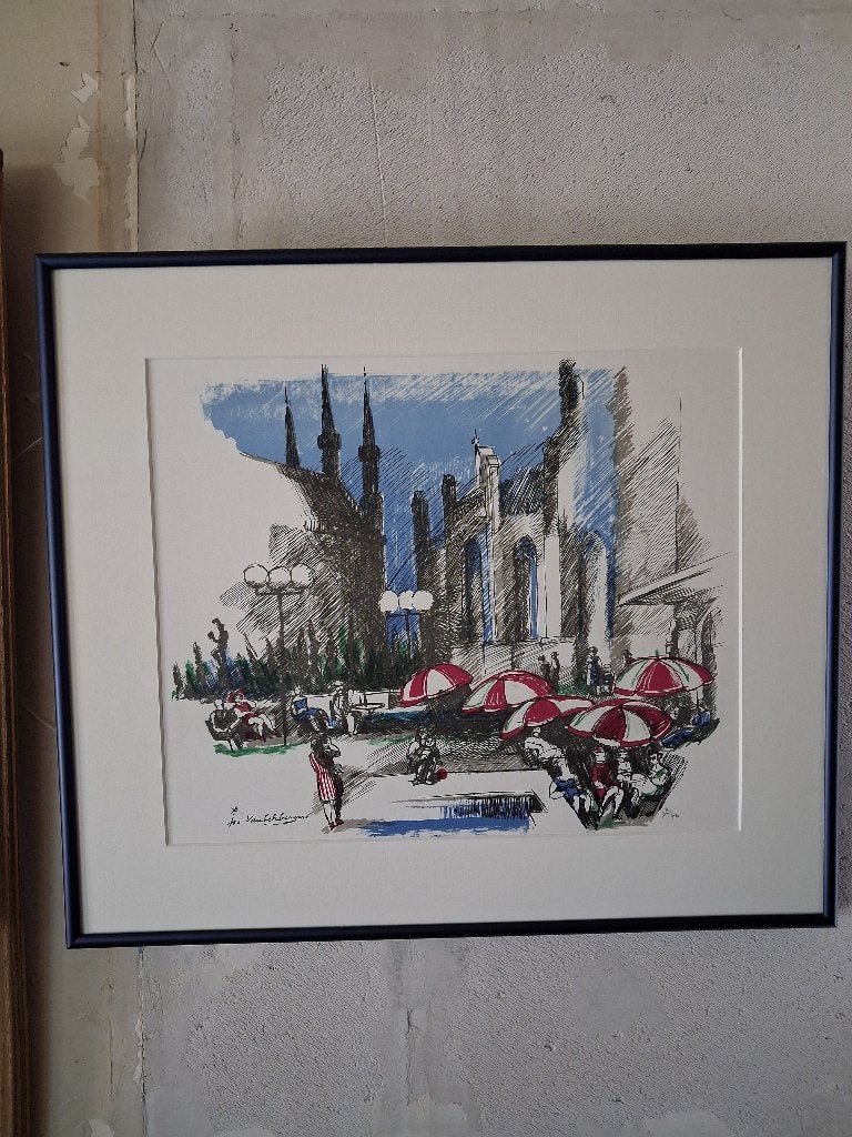 Jos VANBEKBERGEN - terrasses à Louvain - 1976, Antiquités & Art, Art | Peinture | Moderne, Paysage urbain, Technique mixte, Papier/carton