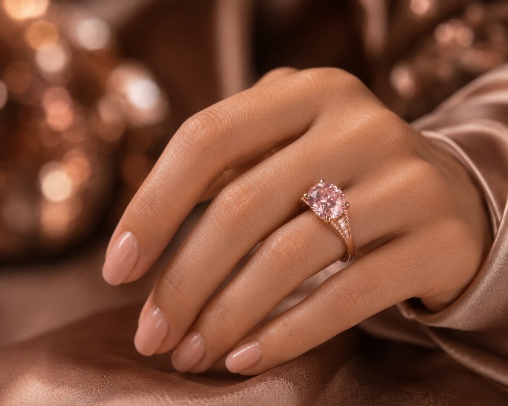 Bague avec diamant rose Fancy Vivid (solitaire) , +/- 5,5 ct, Bijoux, Sacs & Beauté, Enlèvement ou Envoi, Rose, Or