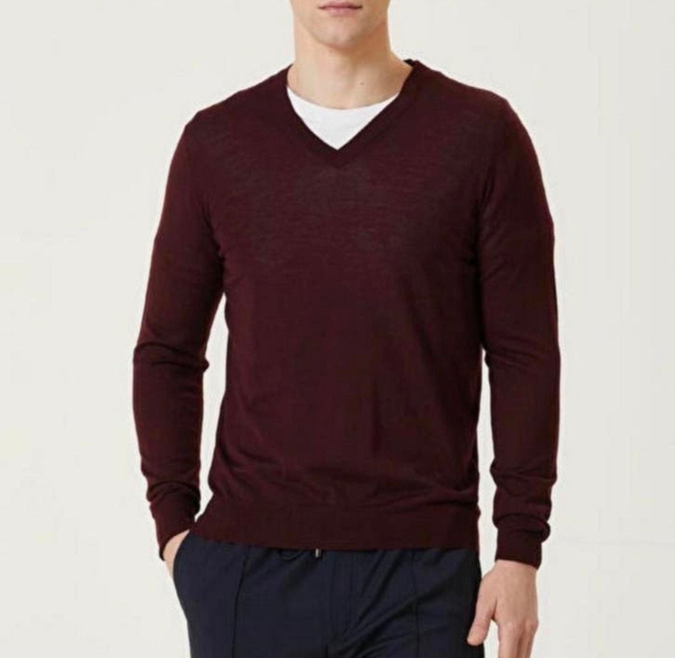 Pal Zileri - M heren Kaşmir Claret rode kasjmier trui V-hals, Kleding | Heren, Truien en Vesten, Zo goed als nieuw, Maat 48/50 (M)