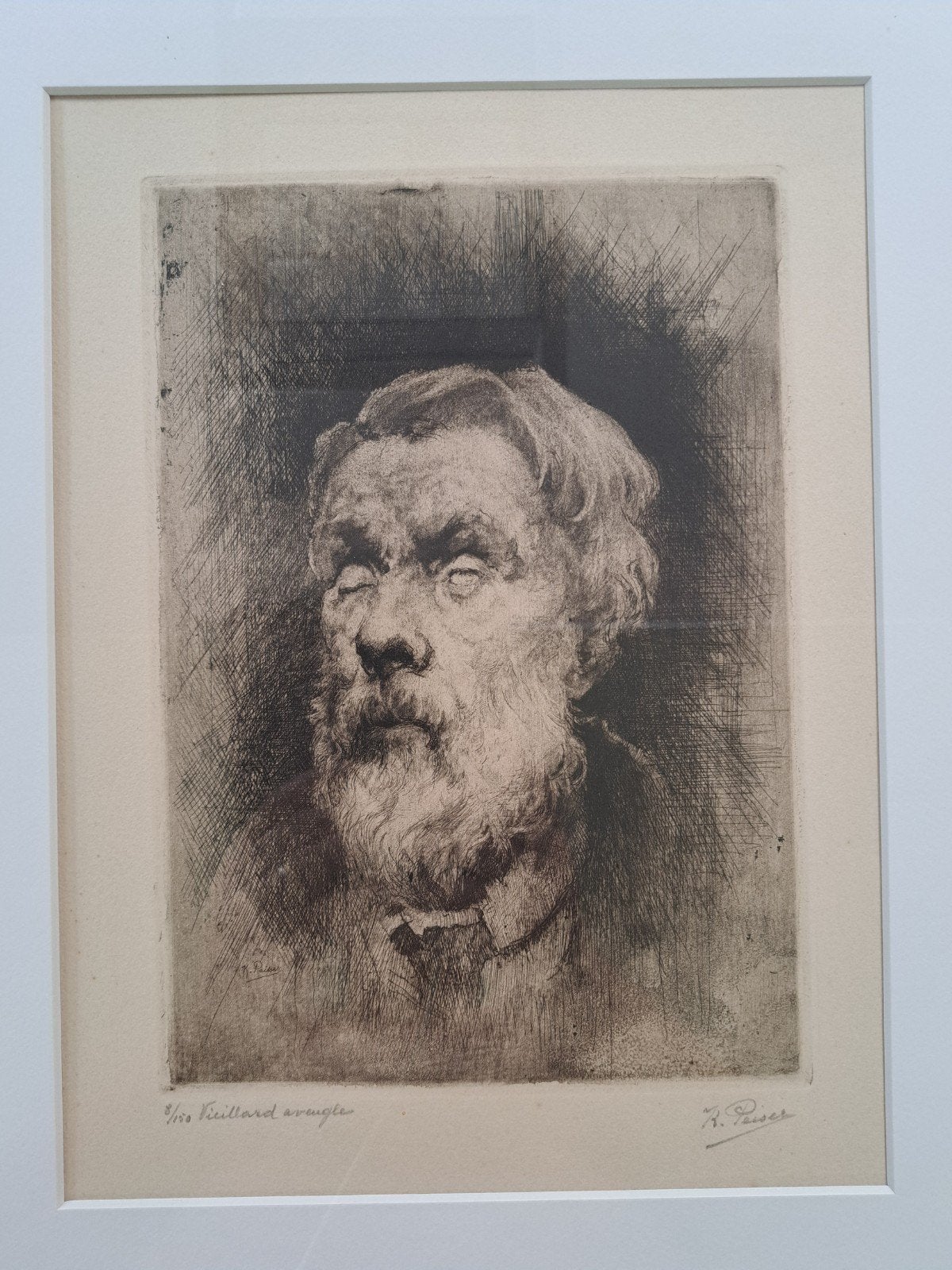 PEISER Kurt  "Vieillard aveugle" ets, Antiek en Kunst, Ophalen of Verzenden, Ets, Ingelijst