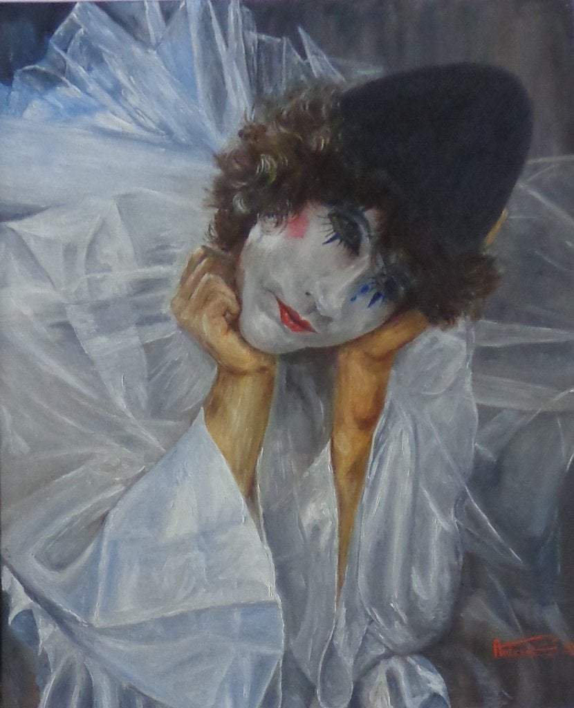 AN VYDT / PIERROT / OLIEVERF DOEK / 75x65cm / KADER / SIG, Antiquités & Art, Peinture à l'huile, Signé, Autres matériaux, Enlèvement