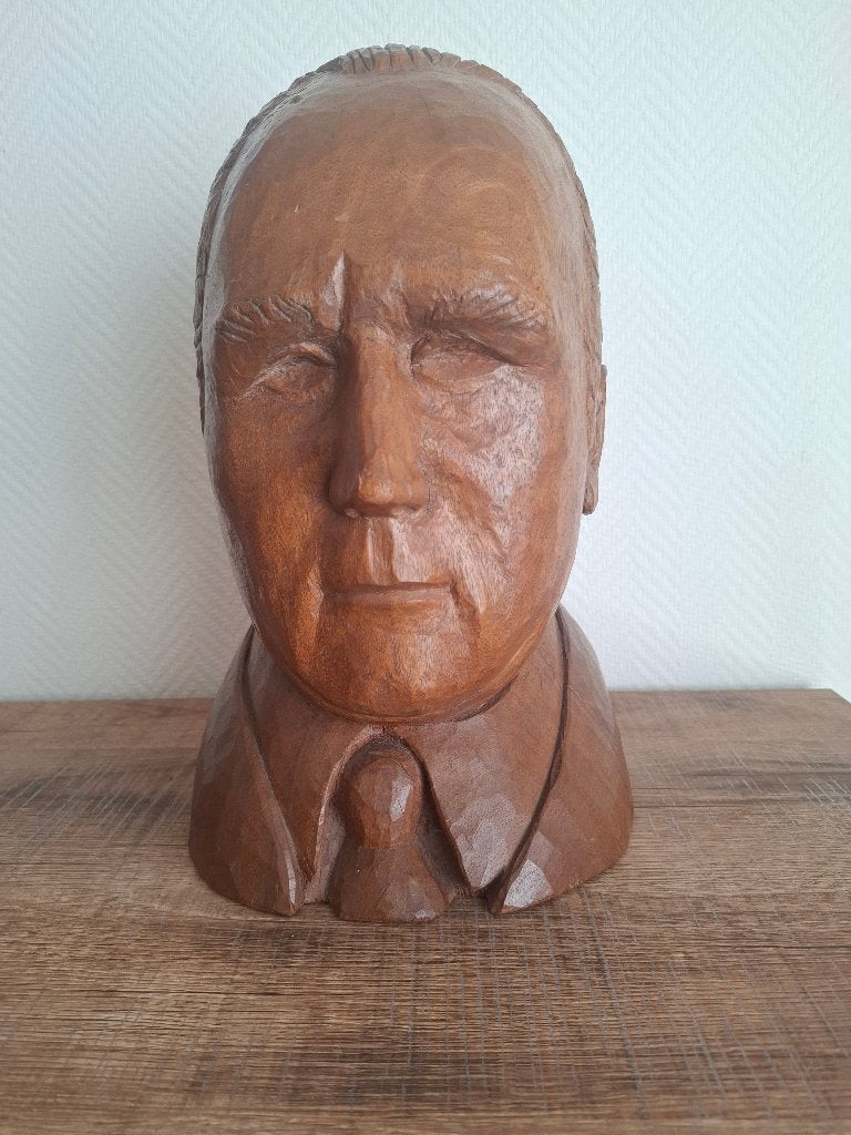 Vintage handgesneden houten buste man gesigneerd S Callu1974, Ophalen, Buste, Hout, Modern