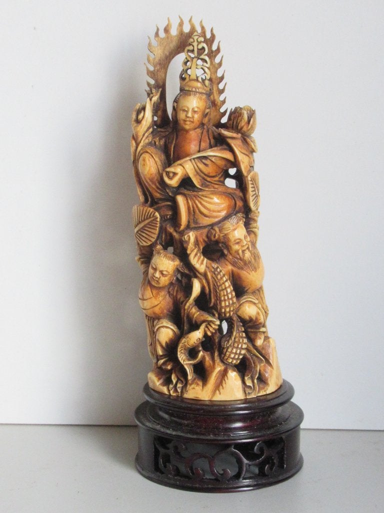 guan yin in ivoor met oude wijze en kind, Groep mensen, Natuurlijk materiaal, Handgemaakt, Ophalen of Verzenden