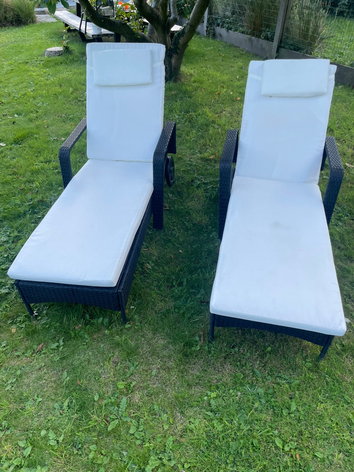2 ligbedden mét kussens., Jardin & Terrasse, Chaises longues, Enlèvement ou Envoi, Comme neuf, Réglable