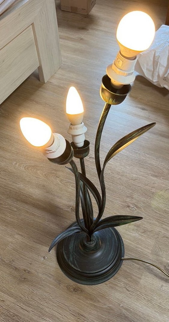3-lichts vintage Tafellamp met Bladeren  Vernieuwde Elektra!, Groen, Ophalen of Verzenden, Zo goed als nieuw, Design
