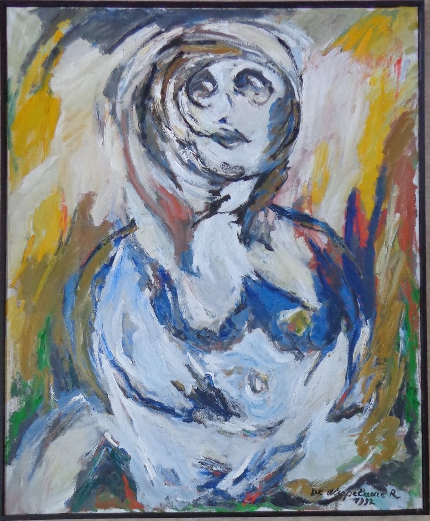 ROBERT DE WISPELAERE ZITTEND NAAKT OLIEVERF 124x102cm KADER, Peinture à l'huile, Signé, Figures, Autres matériaux