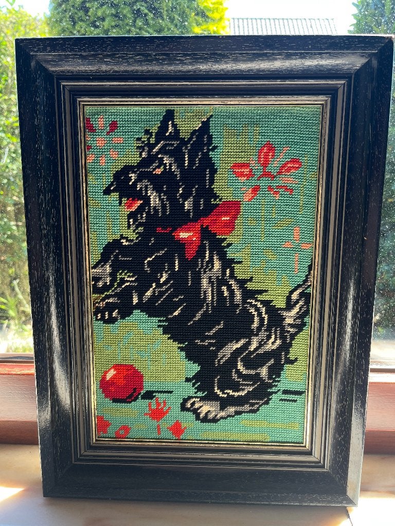 Geborduurd schilderij, Autres techniques, Enlèvement, Animaux, Vintage