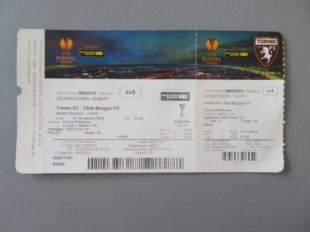 UEFA cup 2014 ticket Torino FC - Club Brugge, Ophalen of Verzenden, Zo goed als nieuw, Overige typen