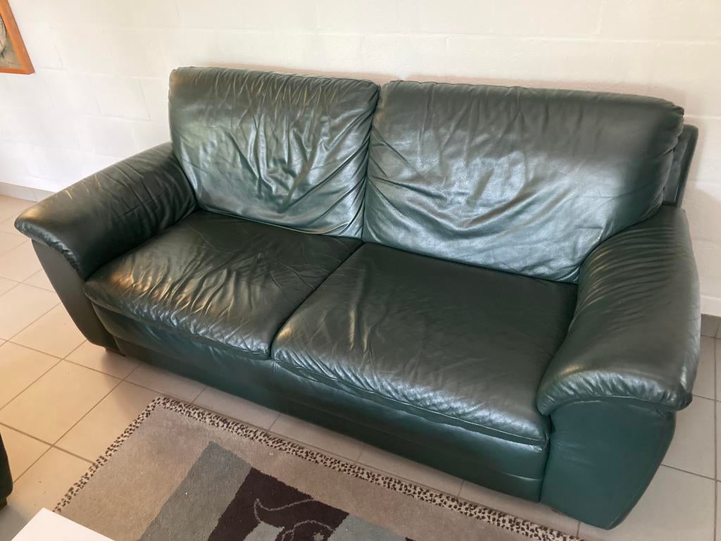 Lederen zetels,, 3 zit en 2 zit donkergroen, Ophalen, Gebruikt, Klassiek, Rechte bank