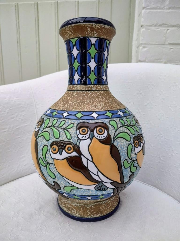 Art deco vaas met uilen - Amphora Czechoslovakia (ca 1930), Antiek en Kunst, Ophalen of Verzenden