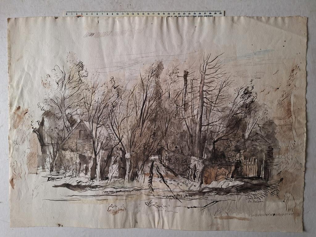 Grote tekening Jules Van Ael "De tuinen", Antiek en Kunst, Ophalen of Verzenden
