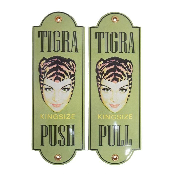 Set tigra kingsize deurpostjes pull push emaillen reclame, Verzamelen, Merken en Reclamevoorwerpen, Zo goed als nieuw, Reclamebord
