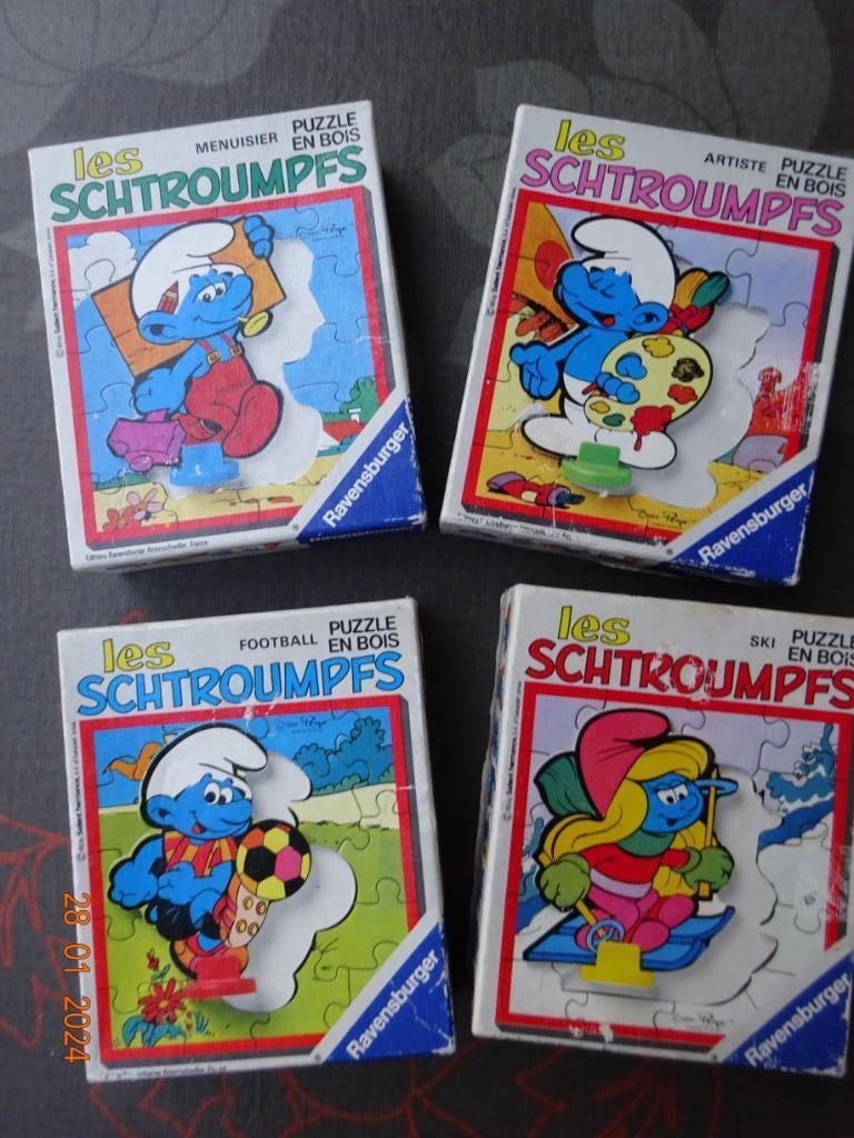 Ravensburger, 4 houten puzzel schtroumpfs, smurfen*VINTAGE*, Collections, Schtroumpfs, Utilisé, Enlèvement ou Envoi
