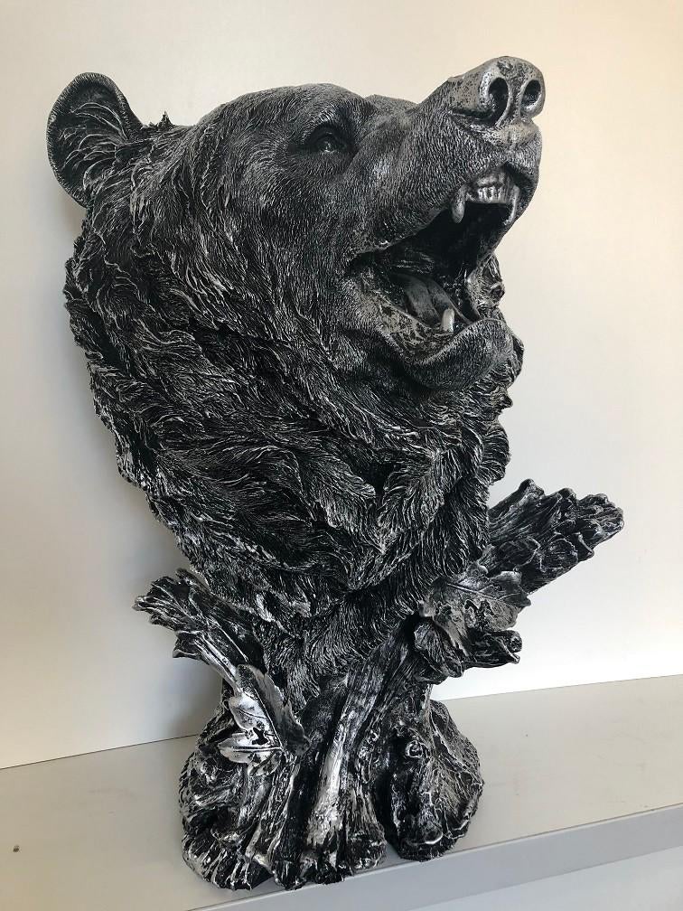Beeld Berenkop - Polystone - Zilvergrijs met Zwart, Antiek en Kunst, Ophalen of Verzenden