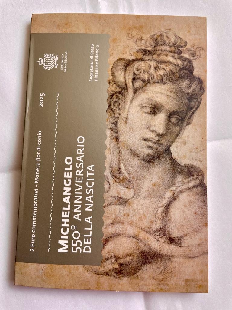 San Marino 2025 Herdenkingsmunt 2 Euro 'Michelangelo' BU, Postzegels en Munten, Verzenden, San Marino, 2 euro, Setje