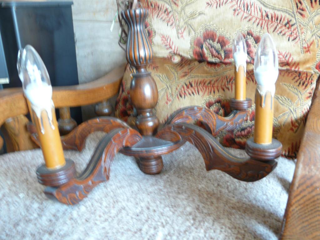 Vintage luster in hout, 5 armen met fitting voor kaarslampje, Antiek en Kunst, Ophalen