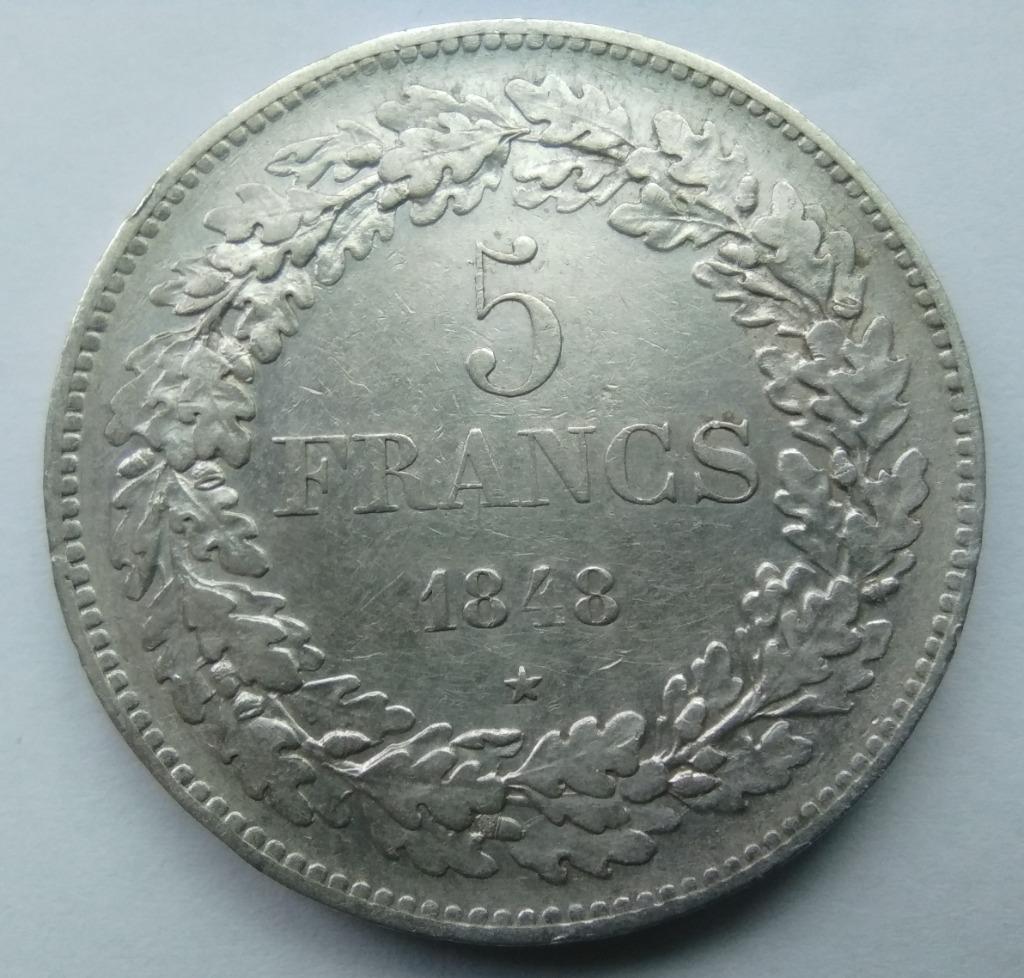 Belgique 5 francs 1848 - Leopold 1 - 90% argent, Enlèvement ou Envoi, Monnaie en vrac, Argent, Argent