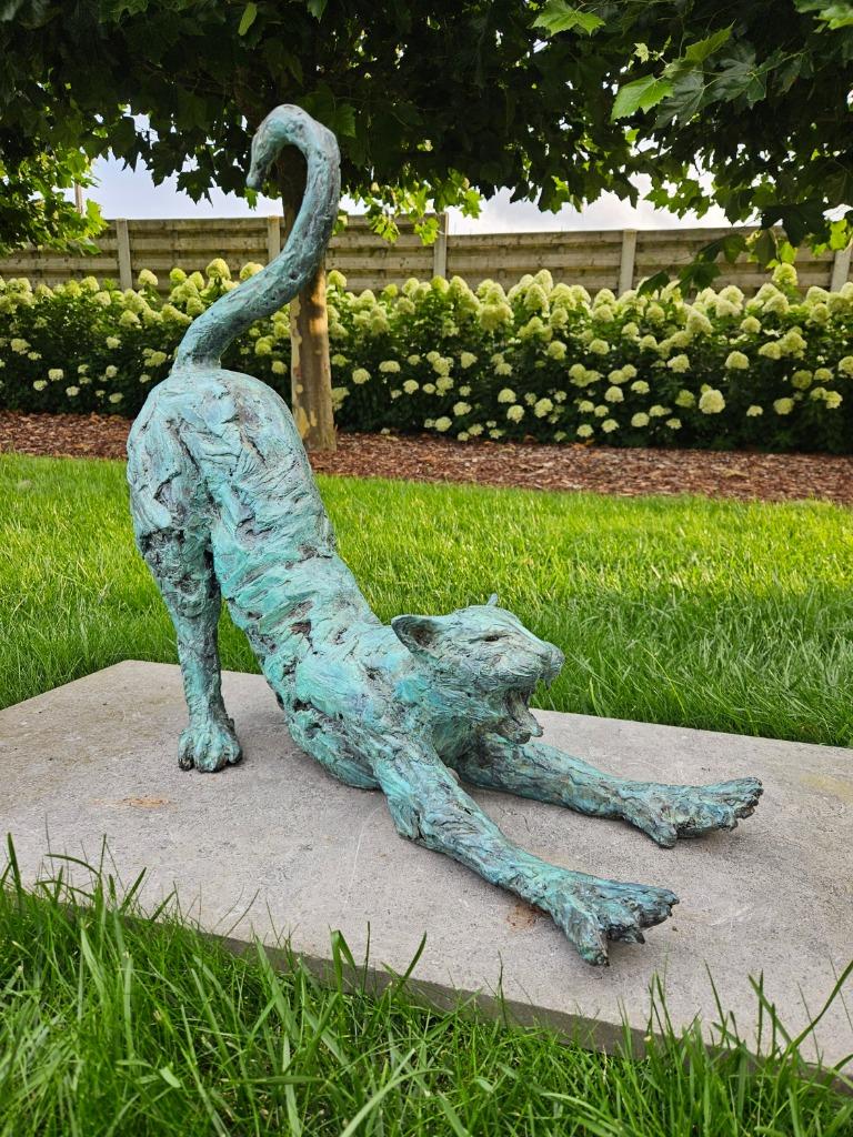 BRONZEN KAT/POES ' STRETCHING' VAN TOPKUNSTENAAR WARE GROTE!, Antiquités & Art, Art | Sculptures & Bois, Brons, Enlèvement ou Envoi