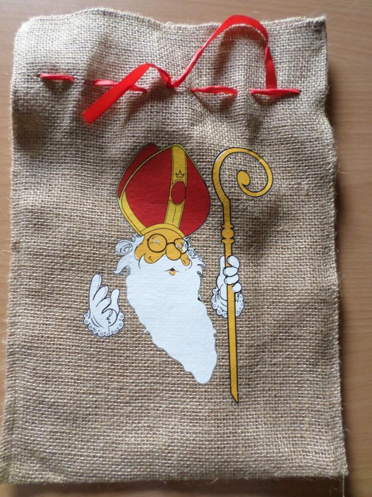 Sac en toile de jute Saint-Nicolas ruban rouge, Enlèvement ou Envoi, Comme neuf, Article de fête