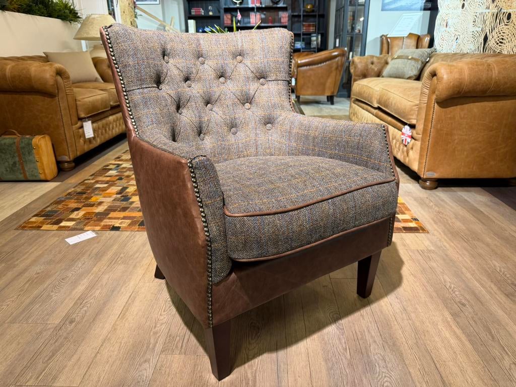 Sheffield chesterfield fauteuil Harris Tweed / Vintage leer, Ophalen of Verzenden, Nieuw, Stof