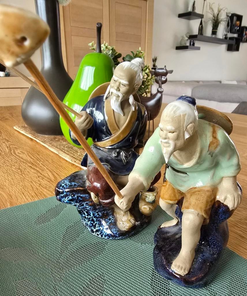2 statuettes vintage pêcheurs chinois Shiwan Mudmen, Enlèvement ou Envoi, Utilisé, Humain