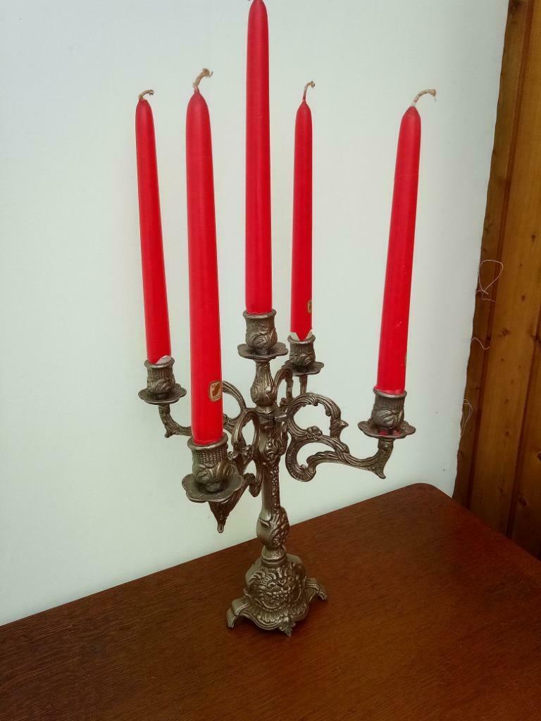 Koperen verzilverde vijfarmige kandelaar : 34 cm hoog (met k, Ophalen of Verzenden