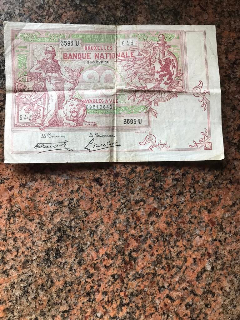 Oud Belgisch bankbiljet van 20 Frank -1920, Ophalen of Verzenden