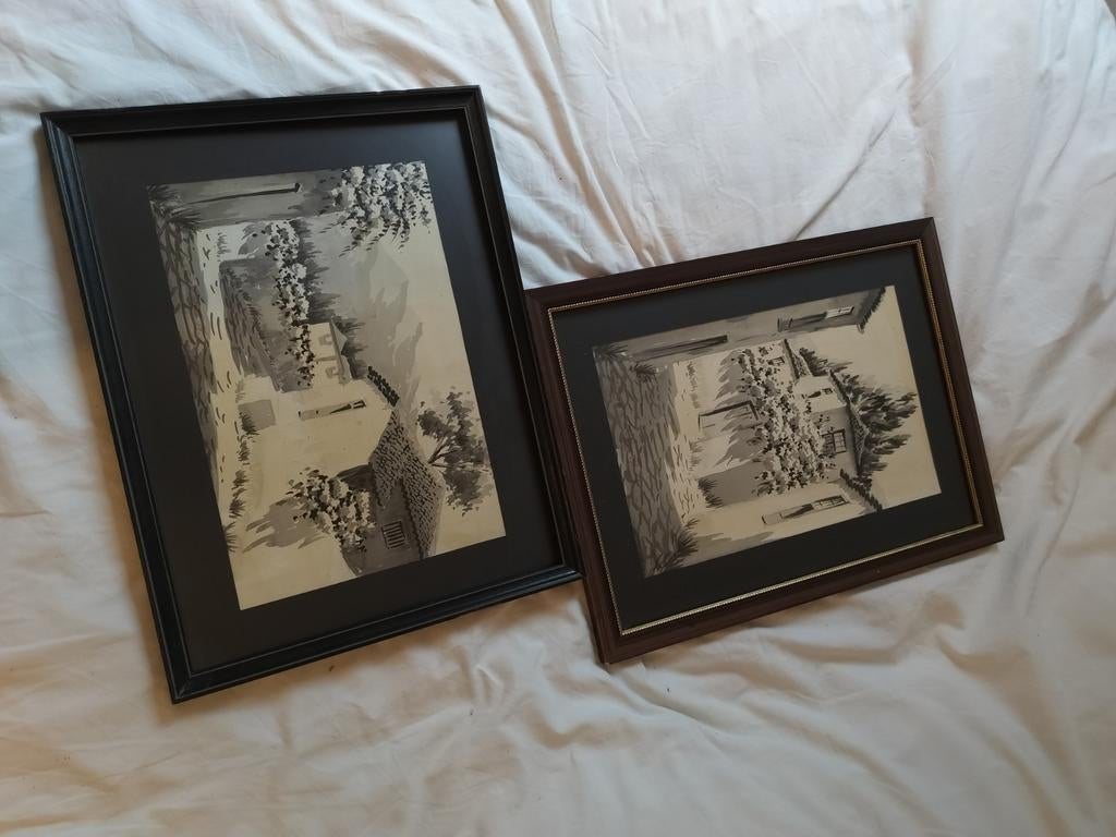 2 mooie aquarellen in zwart wit, Antiek en Kunst, Kunst | Tekeningen en Fotografie, Ophalen of Verzenden