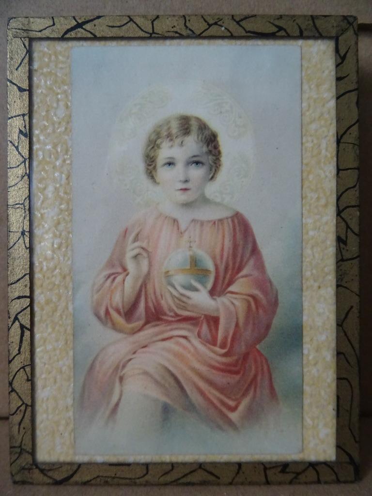 Antiek prentje Kindje Jezus met bal achter glas 9x12cm 1900, Antiek en Kunst, Ophalen of Verzenden