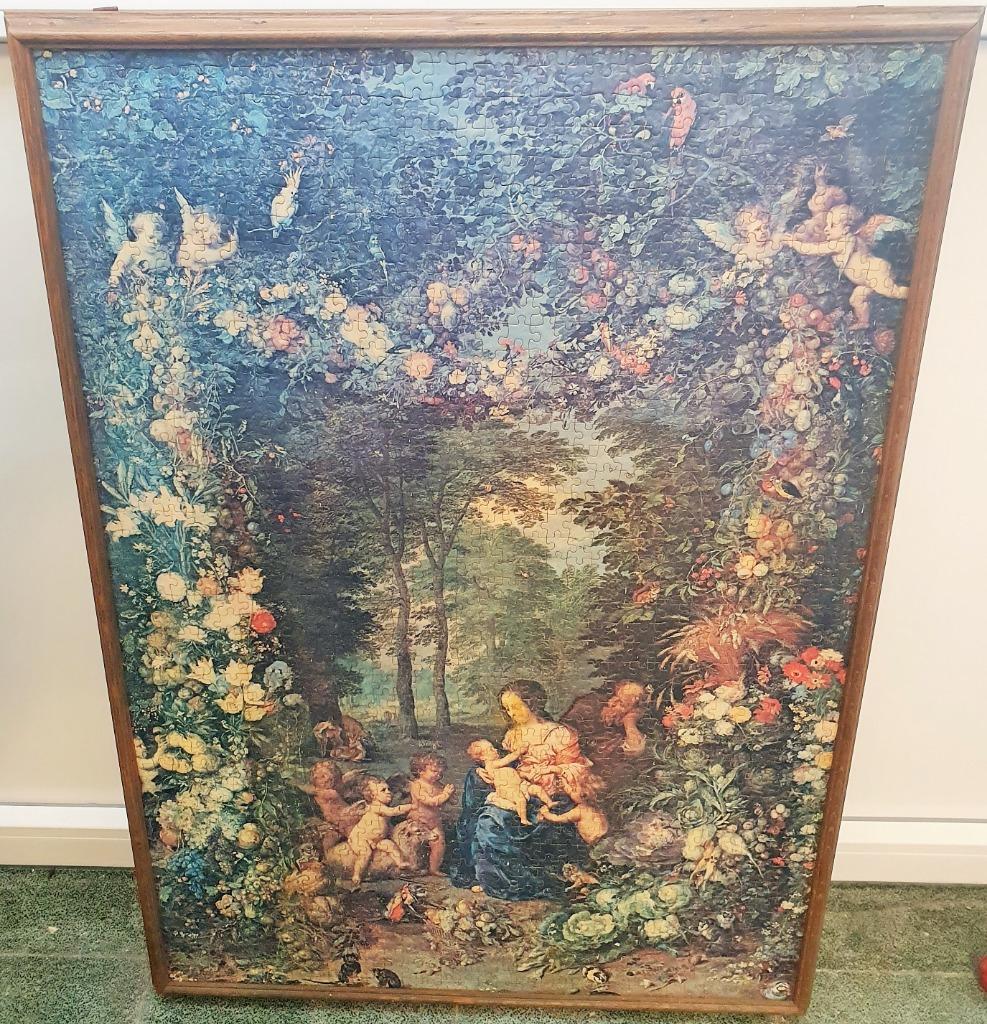 Ancien tableau puzzle religieux - cadre en chêne 87 x 63 cm, Ophalen