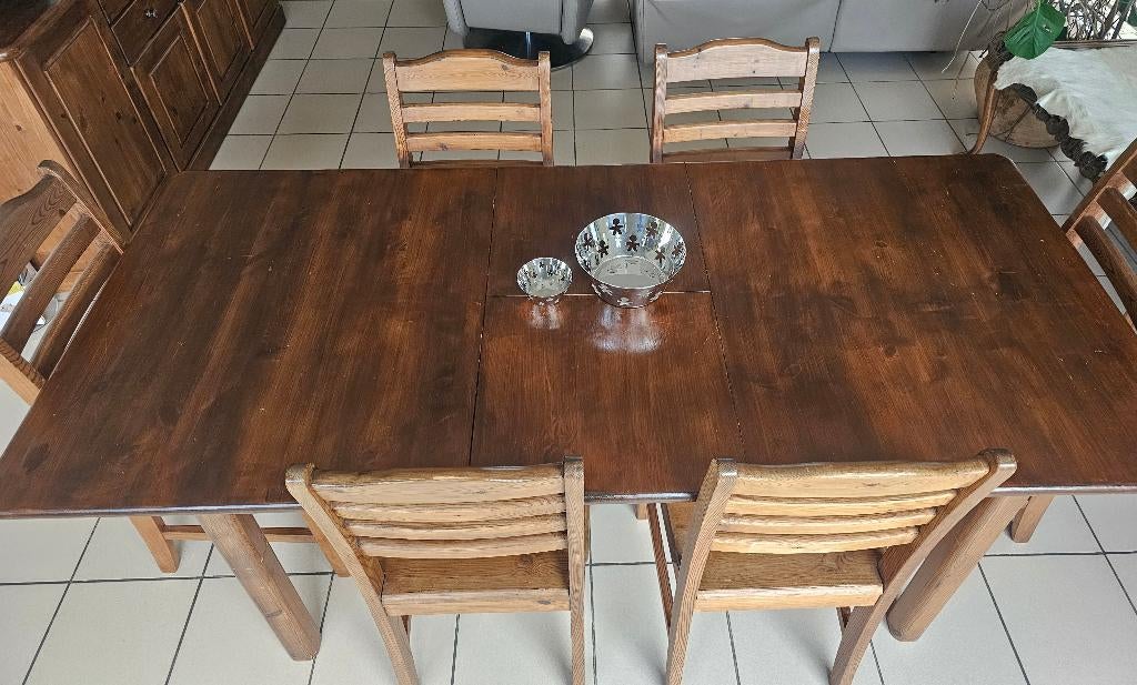 vol houten eettafel ( verlengstuk ), 6 stoelen en buffetkast, Huis en Inrichting, Complete eetkamers, Gebruikt, 4 tot 6 stoelen